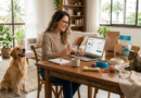 Pessoa comprando produtos para pets online enquanto verifica condições de frete grátis e cupom de desconto.