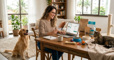 Pessoa comprando produtos para pets online enquanto verifica condições de frete grátis e cupom de desconto.