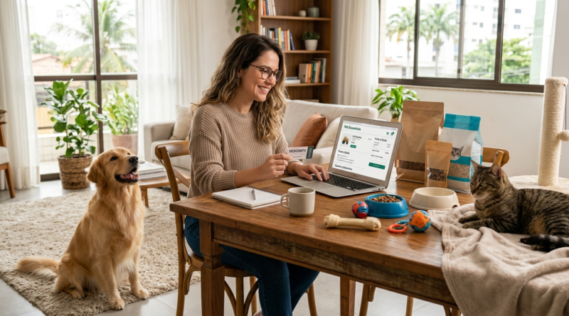 Petz tem frete grátis? Guia completo de frete e cupons Pessoa comprando produtos para pets online enquanto verifica condições de frete grátis e cupom de desconto.