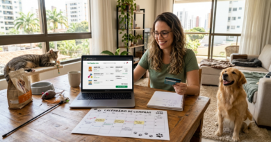 Tutor planejando compras de produtos para pets durante um período promocional utilizando cupom de desconto.
