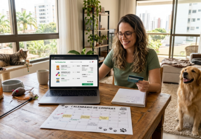 Tutor planejando compras de produtos para pets durante um período promocional utilizando cupom de desconto.