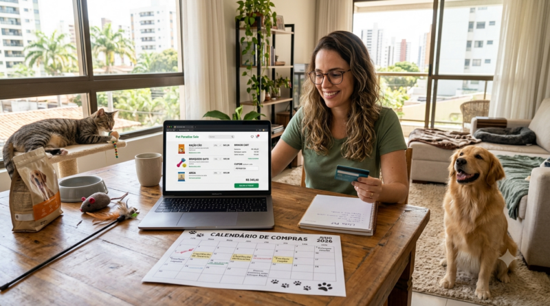 Tutor planejando compras de produtos para pets durante um período promocional utilizando cupom de desconto.