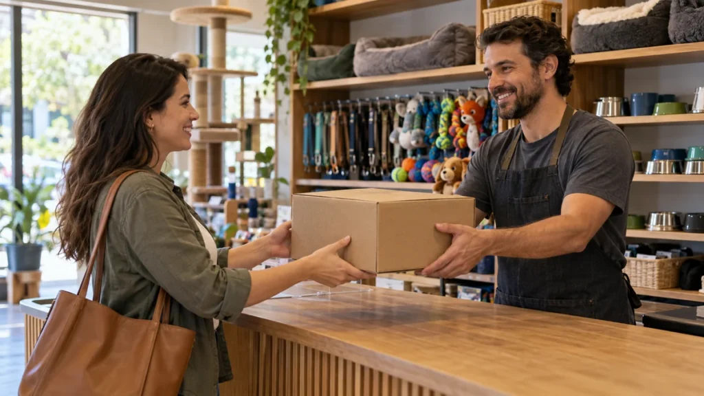 Petz frete grátis: veja as regras e como economizar na entrega Cliente retira uma caixa de produtos pet em uma loja sem marcas