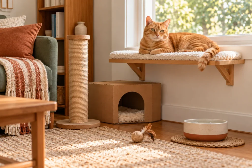 Gato em ambiente enriquecido com esconderijo, arranhador e água