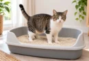Gato adulto em uma caixa limpa com areia de grãos finos
