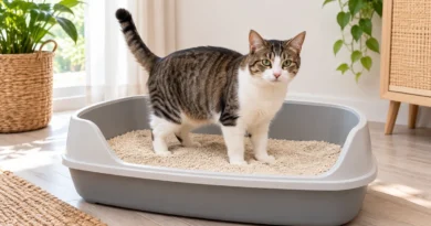 Gato adulto em uma caixa limpa com areia de grãos finos