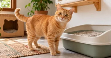 Gato próximo à caixa de areia em um ambiente doméstico tranquilo