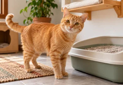 Cistite em gatos: sintomas, causas, tratamento e prevenção Gato próximo à caixa de areia em um ambiente doméstico tranquilo