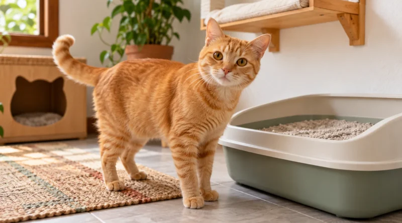 Cistite em gatos: sintomas, causas, tratamento e prevenção Gato próximo à caixa de areia em um ambiente doméstico tranquilo