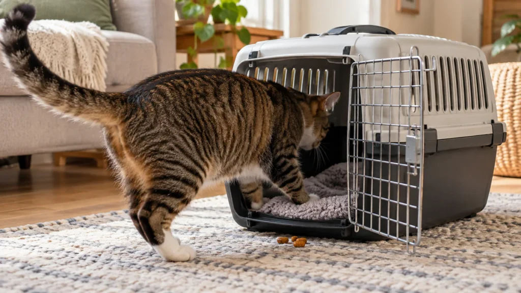 Caixa de transporte para gatos: tamanhos, modelos e como escolher Gato entrando voluntariamente em uma caixa de transporte aberta