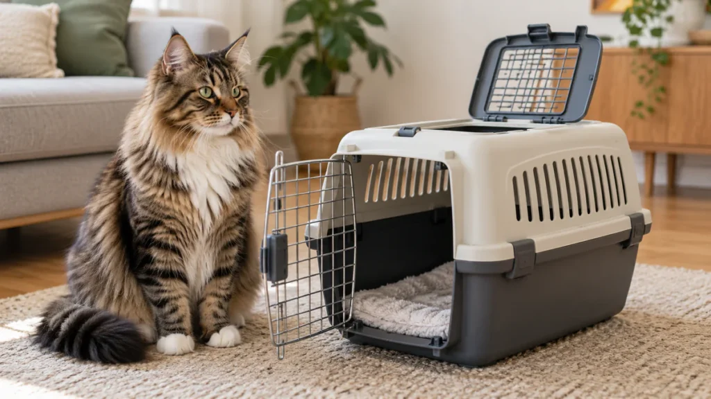 Caixa de transporte para gatos: tamanhos, modelos e como escolher Gato ao lado de caixa de transporte rígida com abertura superior e ventilação lateral