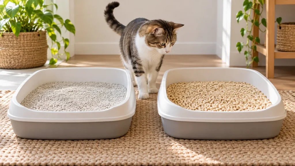 Gato escolhendo entre duas caixas com tipos diferentes de areia