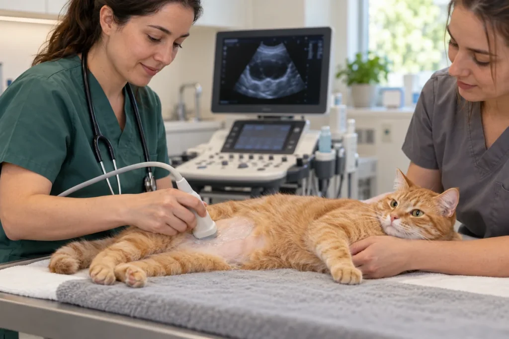 Veterinária realizando exame para investigar cistite em um gato