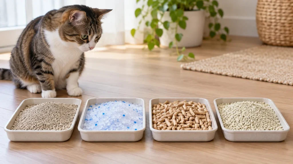 Gato observando amostras de diferentes tipos de areia higiênica